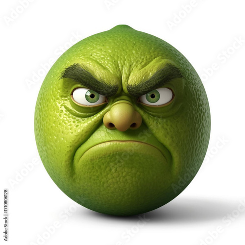 Grumpy Lime Character with Angry Face on White Background