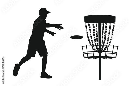 Disc golf player throwing a disc towards a basket silhouette