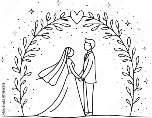 A couple under wedding arch: A lovely sketch style illustration shows the silhouette of a lovely couple.