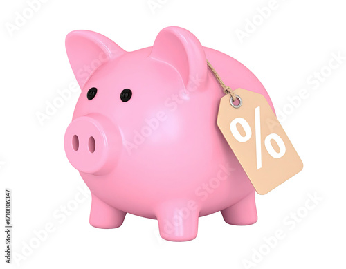 Piggy bank with discount tag illustration representing money savings, financial deal, special offer and budget planning concept isolated on white background
