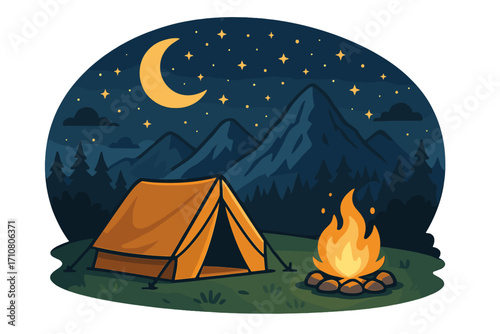 Camping night landscape with tent and campfire in mountains. Starry sky with crescent moon. Outdoor adventure, travel, and tourism concept. Vector cartoon illustration.