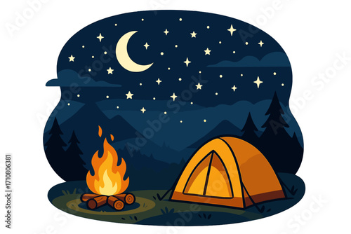 Camping night in mountains with tent and campfire. Outdoor adventure travel concept. Vector illustration of a starry sky over a forest landscape. Summer camp and wilderness.