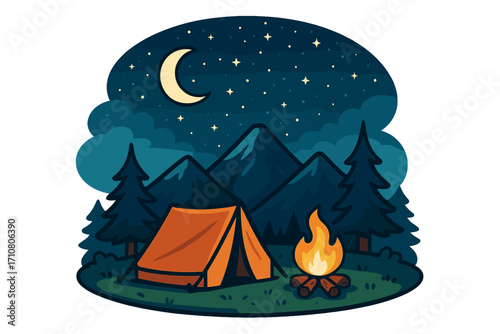 Camping night in the mountains with a tent and campfire under a starry sky. Outdoor adventure in nature. Wilderness, travel, and hiking concept. Vector cartoon illustration.