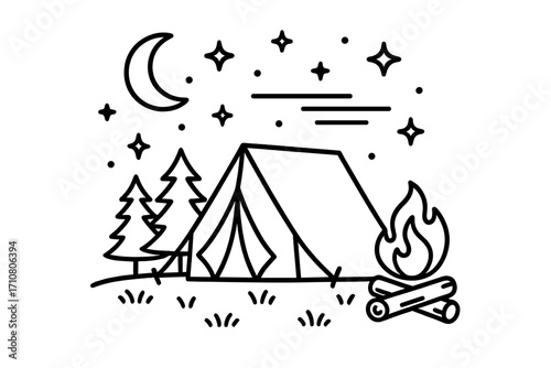 Camping scene with tent and campfire under starry night sky. Outdoor adventure in nature. Forest landscape for travel and vacation. Vector line art illustration for design.