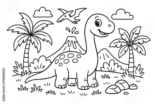 Dinosaur coloring page for kids. Cute cartoon brontosaurus in prehistoric scene with volcano, palm trees, and pterodactyl. Vector outline illustration for children's activity book.