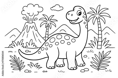 Dinosaur coloring page for kids. Cute cartoon brontosaurus in a jurassic landscape with a volcano. Prehistoric dino vector illustration for a children's activity book.