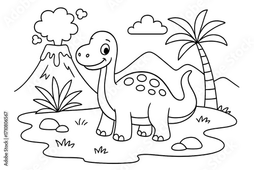 Cute dinosaur coloring page for kids. Cartoon brontosaurus in a prehistoric landscape with a volcano and palm tree. Vector line art for children's activity book.