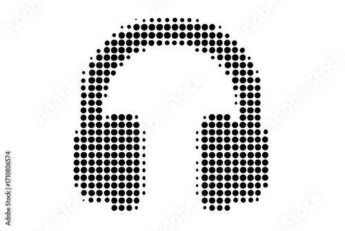 Dotted pixelated headphones icon. Vector halftone collage of a headset symbol. Music, audio, podcast, and sound concept. Listen to digital media. Technology and DJ graphic.
