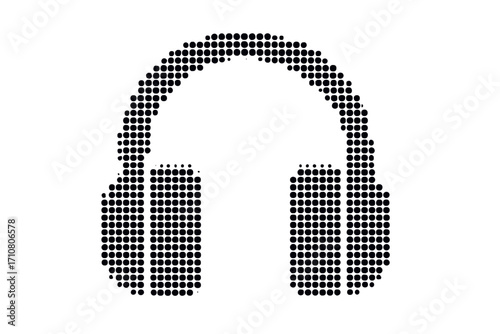 Headphones icon in dotted pixelated style. Halftone vector symbol for music and audio. Sound, listen, and DJ concept. Digital technology headset or earphone logo graphic.