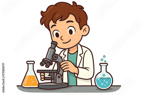 Young scientist in lab coat engaged in laboratory research with microscope and chemical equipment. Cartoon boy doing experiment. Concept of science, education, discovery.