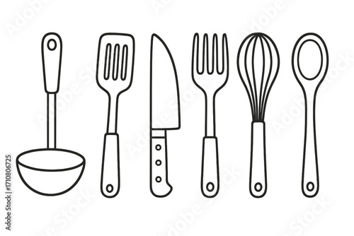 Kitchen utensils outline vector icon set. Simple line art illustration of cooking tools. Ladle, spatula, knife, fork, whisk, and spoon. Culinary equipment for home cooking.