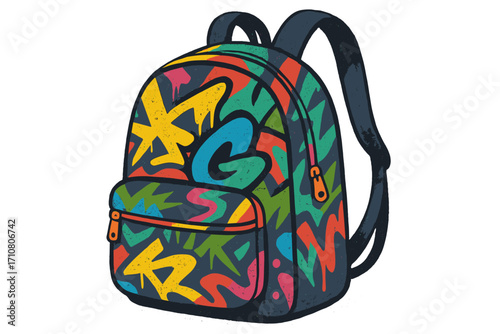 90s urban graffiti backpack isolated on white. Textured vector illustration for back to school. Retro street art style cartoon schoolbag. Colorful vintage graphic design element.
