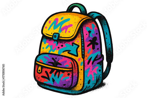 90s urban graffiti backpack vector illustration. Colorful retro schoolbag with street art spray paint texture. Back to school concept. Isolated cartoon rucksack for students.
