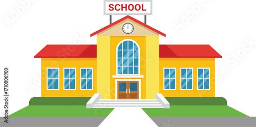 Colorful vector illustration of a modern school building with red roof, clock tower, large windows, front entrance, education architecture concept design