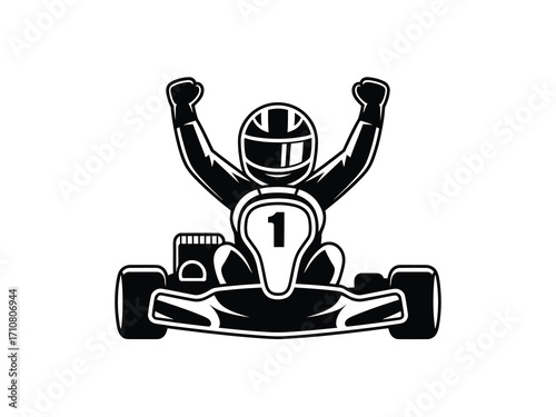 Go kart racer celebrates victory with arms raised high