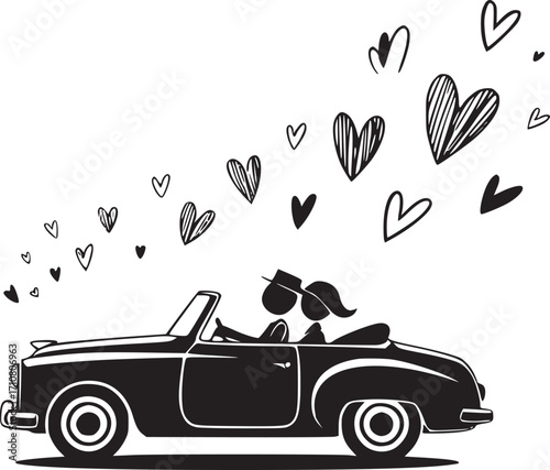 Love's Journey: A sketch of a couple, radiating hearts, in a vintage convertible, the epitome of romantic escape, driving towards their shared future.