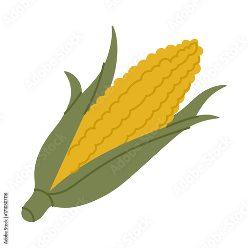 A yellow corn cob with green leaves. The corn is in the center of the image