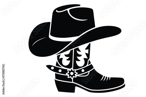 Black silhouette of cowboy hat and boot