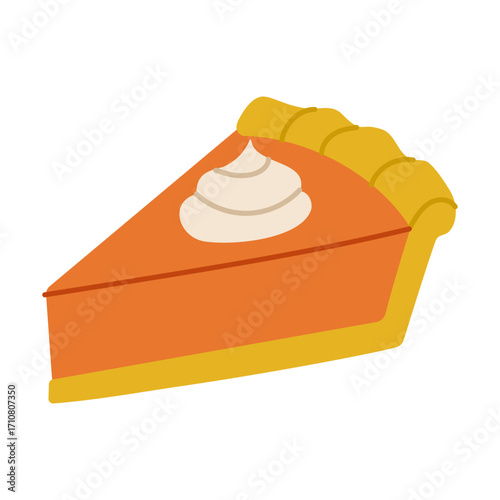 A slice of pumpkin pie with whipped cream on top. The pie is orange and yellow, and the whipped cream is white