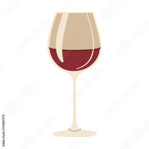 A wine glass is filled with red wine. The wine glass is half full