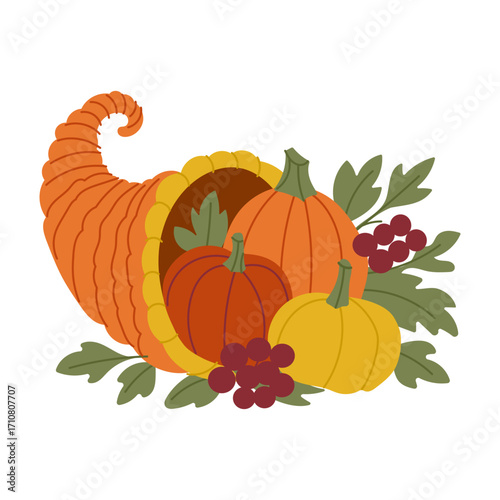 A pumpkin and gourd are placed in a bowl with a leafy green stem. The bowl is shaped like a cornucopia