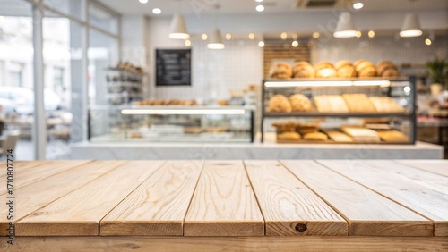 Empty wooden counter in modern bakery interior Blank wooden tabletop with blurred background of a bright bakery showcasing fresh bread and pastries on display shelves