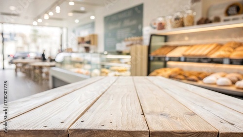 Wooden tabletop in modern bakery interior with fresh bread Empty wooden counter surface in a bright bakery, with shelves of fresh bread and pastries blurred in the background