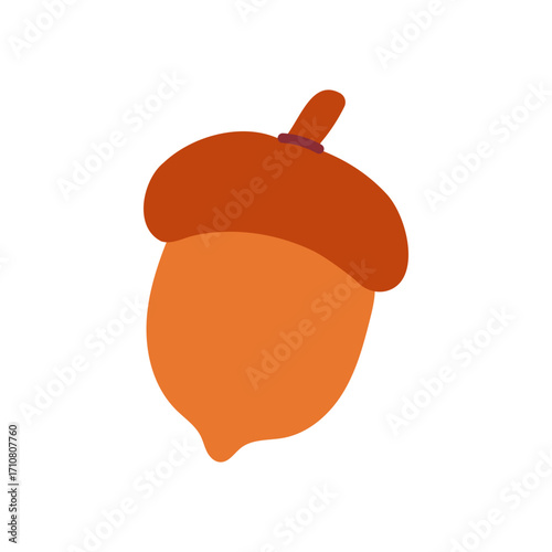 A cartoonish orange acorn with a brown cap. The acorn is sitting on a white background