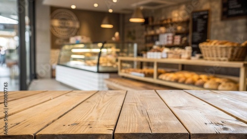 Empty Wooden Table in Cozy Bakery Interior.  Warm and inviting bakery with fresh bread and pastries in the background, featuring rustic wooden table ready for food display