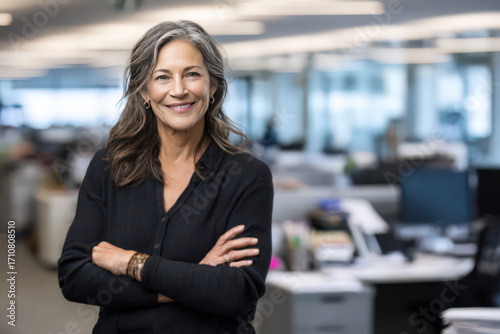 Middle age smiling women in a modern workspace