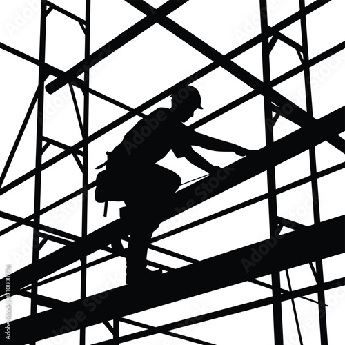 Silhouette of construction worker climbing on scaffolding against bright sky