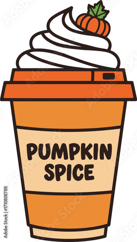 A pixel art illustration of a pumpkin spice latte in a disposable cup, topped with whipped cream and a miniature pumpkin. Perfect for fall-themed designs, menus, or websites.