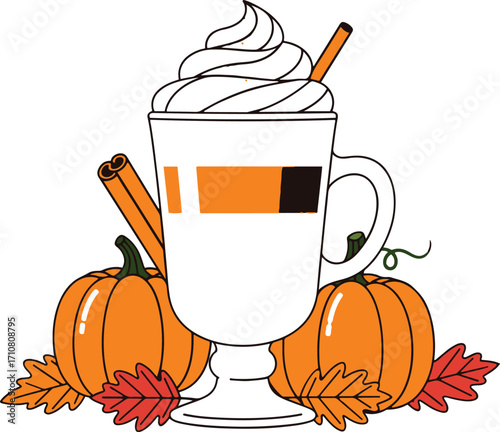 A vibrant pixel art illustration showcases a layered pumpkin spice latte, topped with whipped cream and cinnamon sticks, nestled amidst miniature pumpkins and autumn leaves.