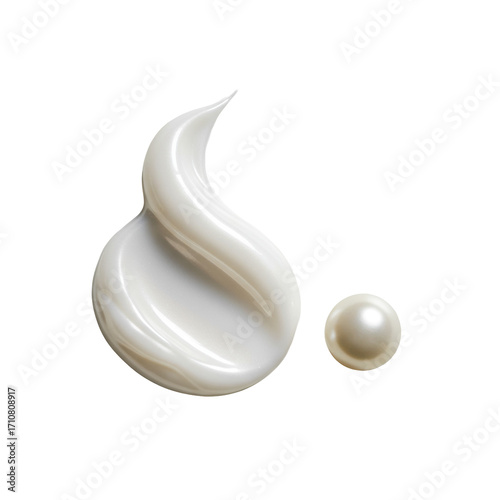 Luxurious pearlescent white cosmetic cream swirl with a lustrous white pearl, isolated on transparent. Close-up macro, soft studio lighting, no shadows. Concept of high-end beauty