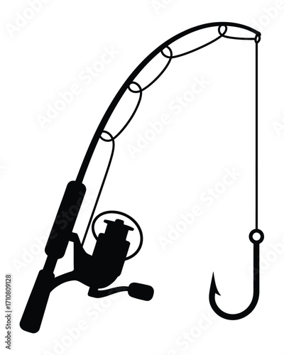 Silhouette of a fishing rod with hook and reel