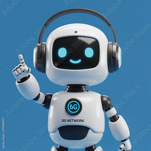 A charming, white robot with headphones is pointing to the viewer. Friendly robot assistant pointing to 6G network technology. EPS Vector