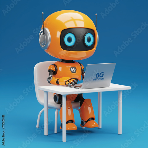An orange robot sits at a white table and uses a laptop, displaying the 6G network logo. EPS Vector