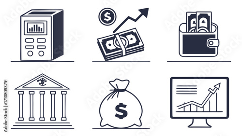Finance and banking icon set with money, savings, investment, stock market, ATM, wallet, and online transfer flat vectors,Finance and banking icon set with money, savings, investment, stock market.