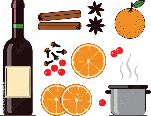 A flatlay illustration showcasing the essential ingredients for making mulled wine: a bottle of red wine, cinnamon sticks, star anise, orange slices, cloves, cranberries,