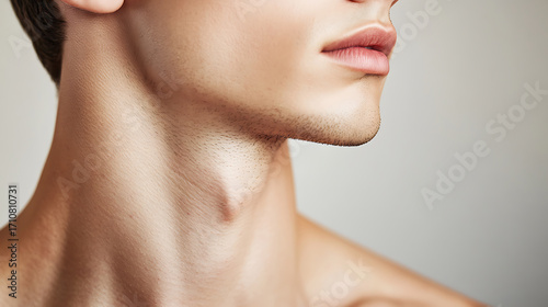 Close up of young man neck and lower face, showing smooth skin, defined jawline, and subtle facial hair, with neutral background and soft lighting