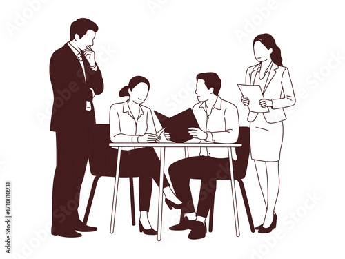 Hand drawn style vector illustration of business people in meeting, discussing company strategy, symbolizing teamwork, collaboration, corporate planning, leadership, communication, and professional wo