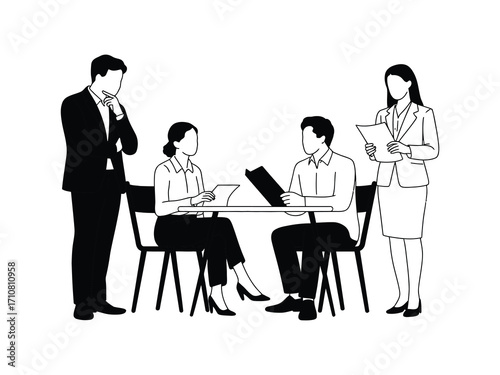 Business meeting vector design in hand drawn style with people discussing company goals, symbolizing teamwork, corporate strategy, leadership, planning, communication, and professional workplace colla