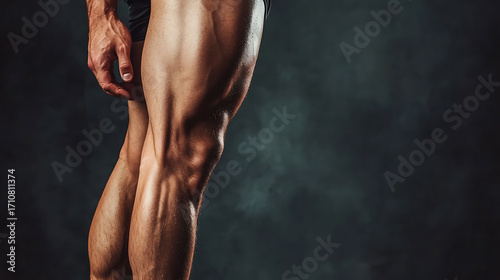 Close up of male thigh and knee with muscular definition and healthy skin, emphasizing strength and fitness, against dark background with subtle lighting highlighting muscle tone