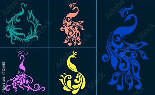 Peacock icons collection various dark flat colored design