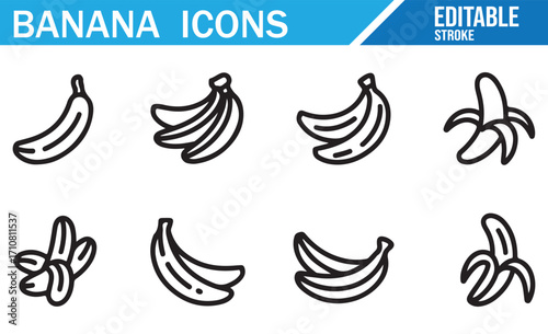 Outline banana icons in editable stroke style for agriculture, diet, nutrition, kitchen, and fruit design