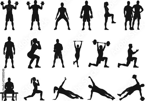Fitness workout silhouette vector, gym exercise poses, strength training, bodyweight movement, dumbbell lifting, squat, plank, lunges, stretching, active lifestyle illustration