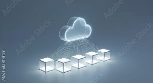 Abstract 3D rendering of cloud computing data network with glowing storage cubes on a blue background.