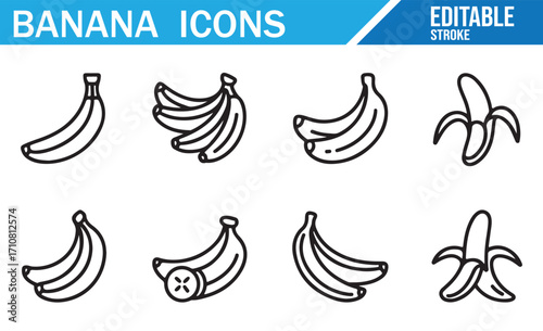 Banana fruit vector icon pack including peeled, sliced, ripe, organic, tropical, and grocery food symbols