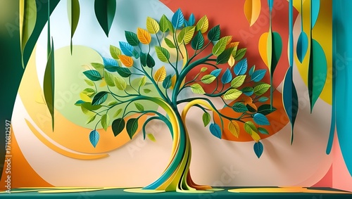 Elegant Colorful Tree with Vibrant Leaves – Artistic Nature Illustration for Backgrounds and Design