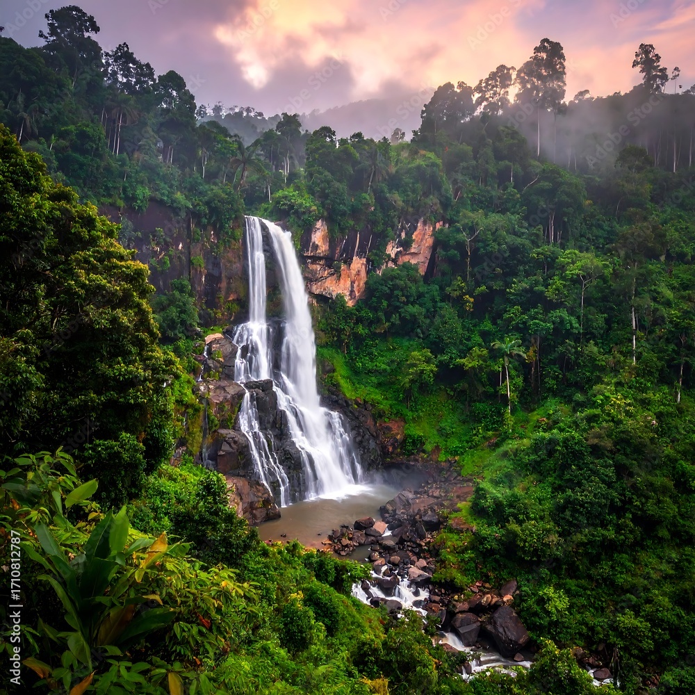 Fototapeta premium A lush rainforest setting embraces a cascading waterfall, bathed in the soft glow of a sunrise.